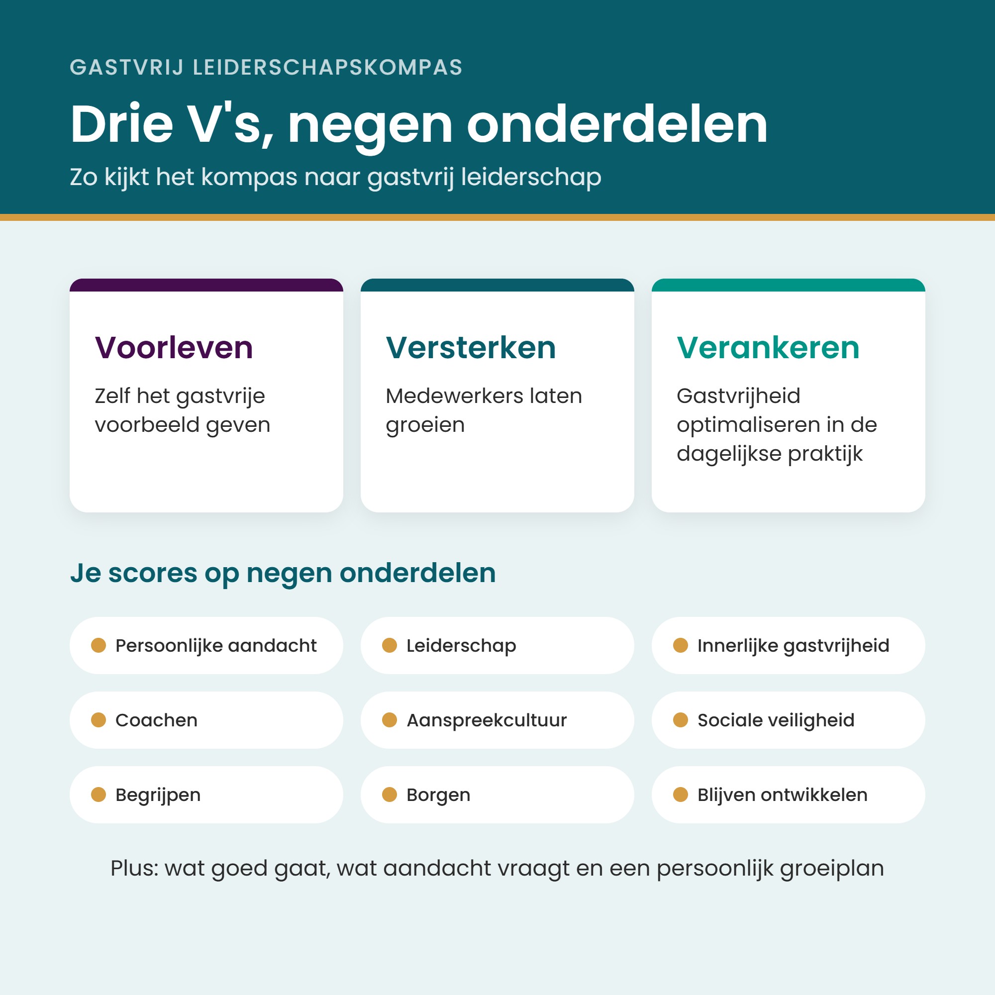 Gastvrij Leiderschapskompas: drie V's en negen onderdelen